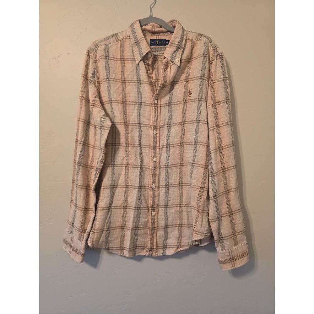 Ralph Lauren XL Tan Brown Plaid Button Up Shirt Cotton Preppy